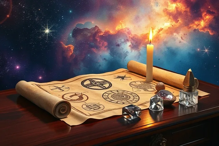 Fotografía de bodegón de un pergamino antiguo desenrollándose sobre un escritorio de madera pulida, rodeado de cristales brillantes y una vela parpadeante, con patrones simbólicos visibles y un fondo de nebulosa.