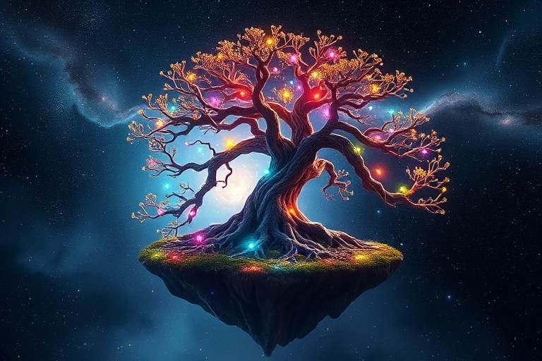 Arte conceptual de un árbol estilizado e intrincado con raíces cósmicas y ramas que alcanzan un cielo estrellado, cada hoja o punta de rama emite un brillo de color único, representando almas interconectadas, en una isla flotante de luz.