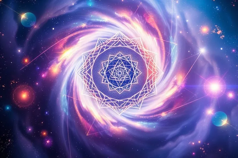 Arte conceptual abstracto de un vórtice de luz iridiscente y energía, con patrones geométricos sutiles, representando el flujo de información y conciencia, con tonos espirituales profundos y una sensación de conexión infinita.