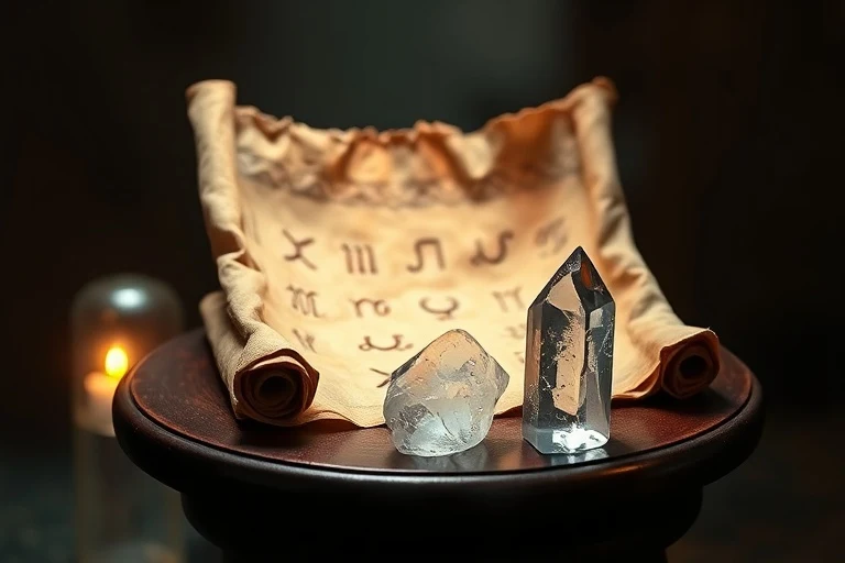 Fotografía de naturaleza muerta de un pergamino antiguo y gastado que se despliega sobre un pedestal de madera oscura, rodeado de orbes de energía brillantes y un cristal.