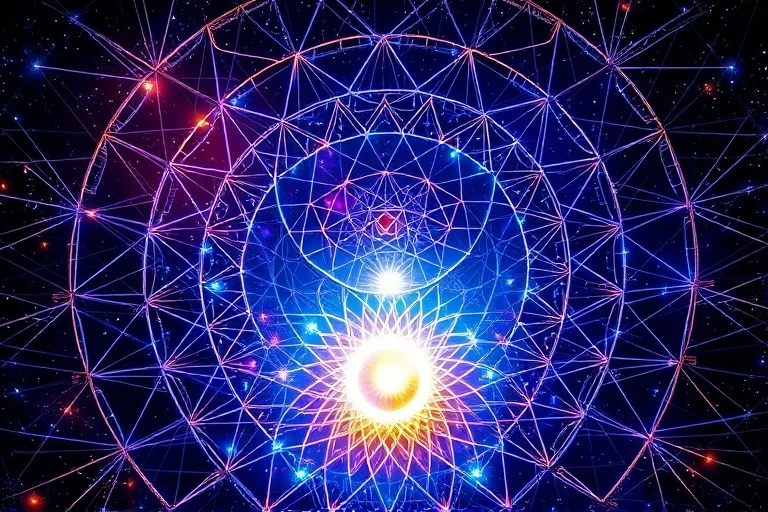 Renderizado 3D conceptual de una estructura laberíntica de hilos de luz entrelazados, que representan flujos de datos cósmicos, convergiendo hacia una esfera central de energía pulsante.