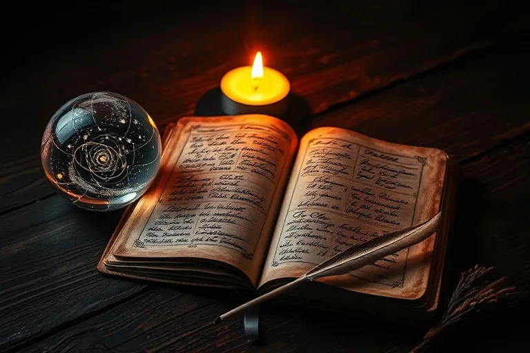 Un antiguo diario de cuero abierto con escritura iluminada, una esfera de cristal reflejando patrones cósmicos, una pluma de ave, hierbas secas y una vela parpadeante sobre un escritorio de madera, en un estilo de arte conceptual.