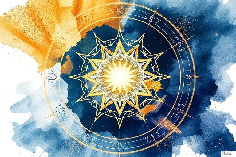 Pintura abstracta en acuarela de un vórtice de colores vibrantes como oro, plata e índigo profundo, formando un portal energético con patrones geométricos sutiles, evocando una conexión cósmica y espiritual.