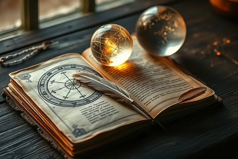 Un antiguo diario de cuero abierto sobre un escritorio de madera, con un orbe de cristal brillante y una pluma de ave, bañado en luz suave.