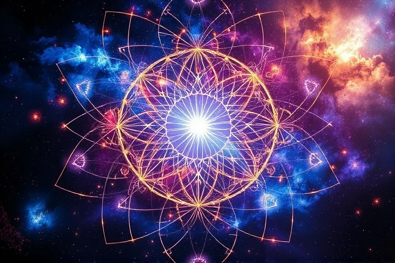 Un vórtice de hilos luminosos interconectados, representando flujos de energía y conciencia, convergiendo en un punto radiante sobre un fondo cósmico oscuro.