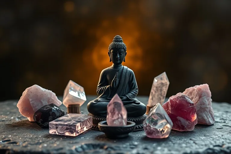 Fotografía cinematográfica de cristales curativos y una estatua de Buda en una superficie de piedra, con iluminación difusa.