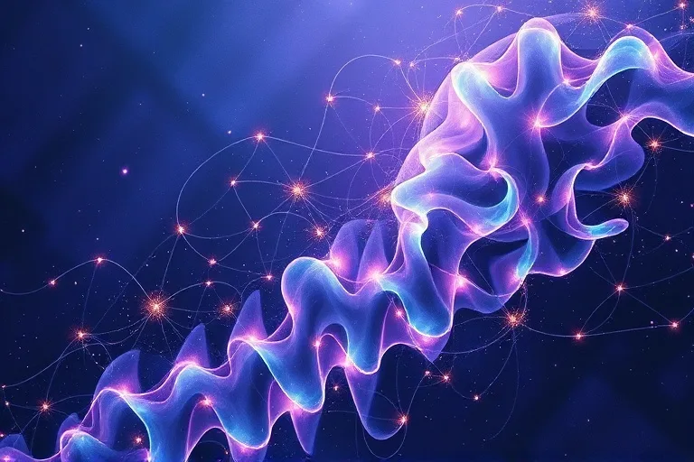 Arte conceptual abstracto de patrones de luz iridiscente y corrientes de energía sutiles en un fondo índigo.