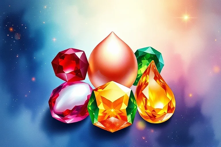 Pintura de acuarela de una colección de gemas naturales como rubí, perla, coral, esmeralda y zafiro amarillo.
