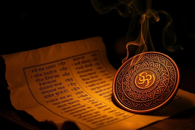 Fotografía cinematográfica de un pergamino antiguo con mantras sánscritos y una placa de yantra de cobre, con humo de incienso.