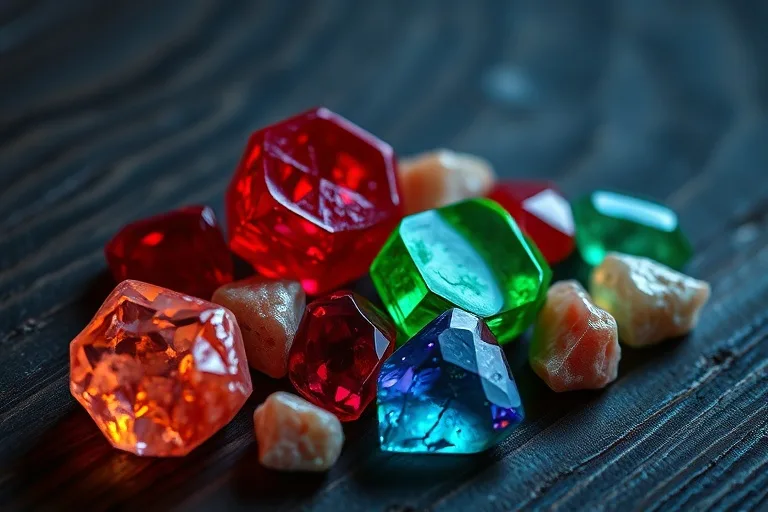 Fotografía macro cinematográfica de gemas sin cortar como rubíes, esmeraldas y zafiros sobre madera oscura