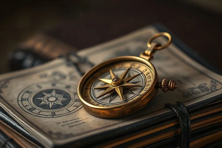 Fotografía macro de un antiguo compás sobre diarios de cuero, simbolizando la búsqueda de dirección y la reflexión sobre el tiempo.
