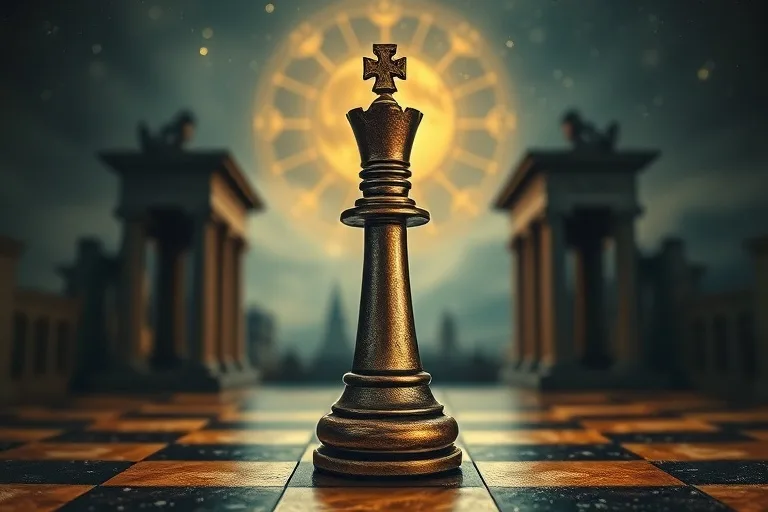 Pintura al óleo de una pieza de ajedrez (rey) en un tablero, con estructuras arquitectónicas borrosas de fondo, simbolizando decisiones estratégicas y fundamentos.