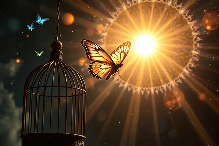 Fotografía cinematográfica de una jaula antigua abierta, con una mariposa luminosa escapando hacia una luz brillante.
