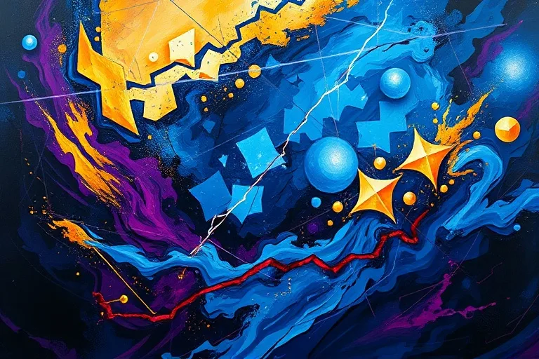 Pintura al óleo abstracta con colores turbulentos y líneas eléctricas que representan un avance y una liberación energética.