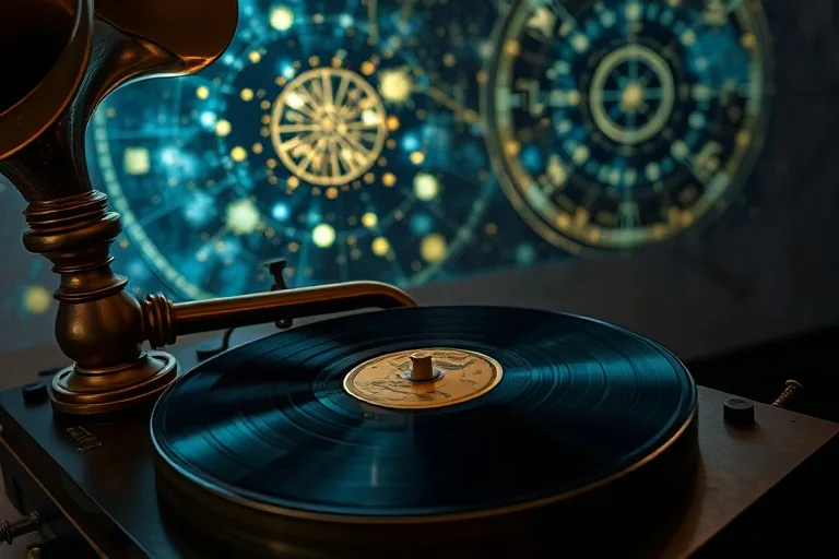 Detalle de un gramófono antiguo reproduciendo un disco de vinilo, con un mapa estelar proyectado en la pared