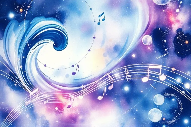 Acuarela abstracta de ondas sonoras y energías celestes entrelazadas con notas musicales y símbolos astrológicos