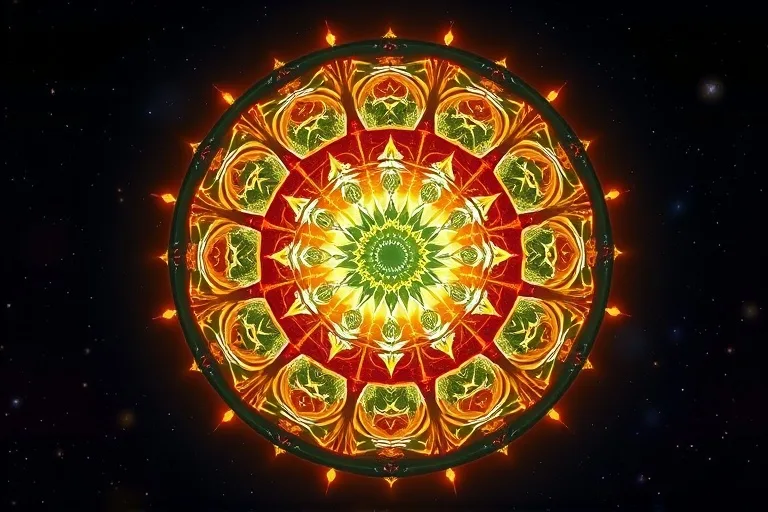Mandala digital con patrones de los cinco elementos chinos en colores vibrantes
