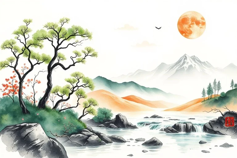 Paisaje acuarelado con elementos de la naturaleza que representan los cinco elementos chinos en armonía