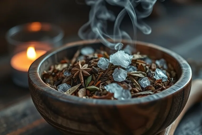Bodegón cinematográfico de un cuenco de madera antiguo lleno de hierbas secas y sal marina, iluminado por la suave llama de una vela. Delicadas volutas de humo se elevan de un palo santo encendido junto al cuenco, creando una atmósfera mística. Fotografía macro de primer plano extremo.