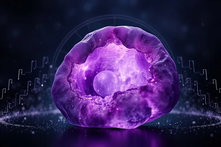 Renderizado 3D de una geoda de amatista pulida y suave que brilla con una sutil luz violeta interna, rodeada de delicadas partículas de energía brillantes que flotan en un espacio sereno y oscuro. La composición enfatiza la pureza y el equilibrio energético. Fotografía macro de primer plano extremo.