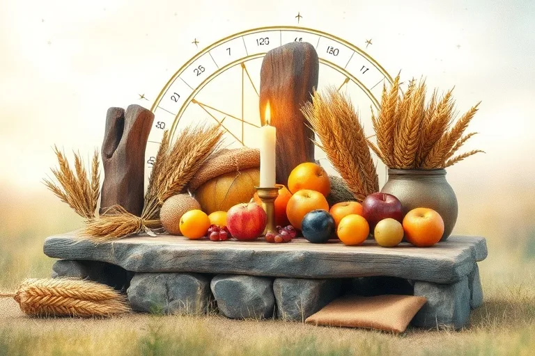 Altar rústico con ofrendas de frutas, trigo y una vela, en un estilo de acuarela que evoca gratitud y abundancia.