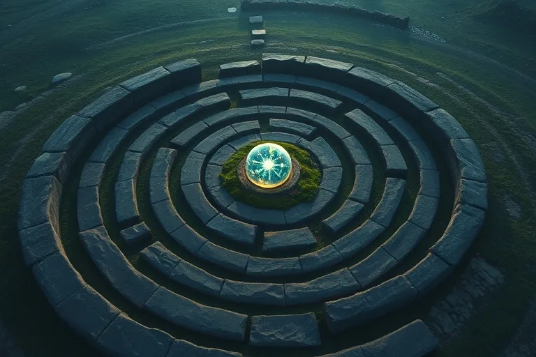 Laberinto de piedra en espiral visto desde arriba, con una esfera luminosa en el centro, simbolizando la introspección y el viaje espiritual.