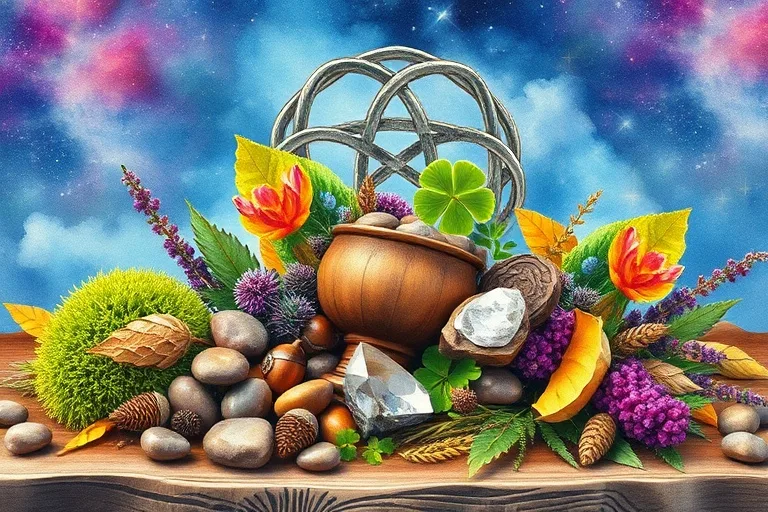 Altar celta de acuarela con elementos naturales para la abundancia