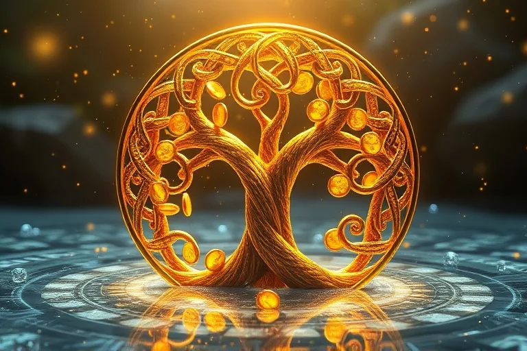 Ilustración 3D de nudo celta del árbol de la vida con monedas y agua