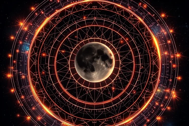 Representación 3D de órbitas planetarias y fases lunares entrelazadas, simbolizando la Luna Nueva y la energía cósmica.