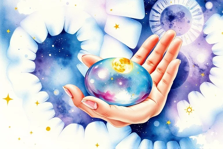 Pintura acuarela de una mano sosteniendo una piedra que refleja la luna nueva, rodeada de patrones cósmicos.