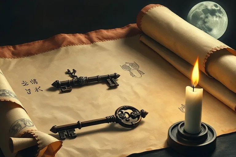 Pintura al óleo de un pergamino antiguo con una llave y una vela, simbolizando la liberación de patrones kármicos.
