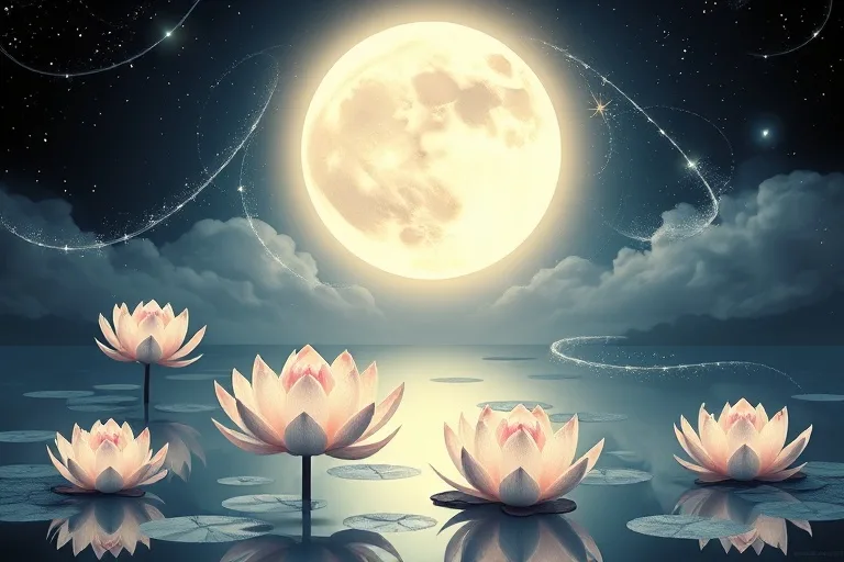 Ilustración 3D de una luna llena brillante sobre un estanque tranquilo con flores de loto y líneas de energía ascendentes.