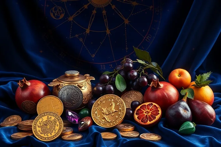 Ilustración digital de monedas antiguas, gemas y frutas vibrantes sobre terciopelo, simbolizando prosperidad.