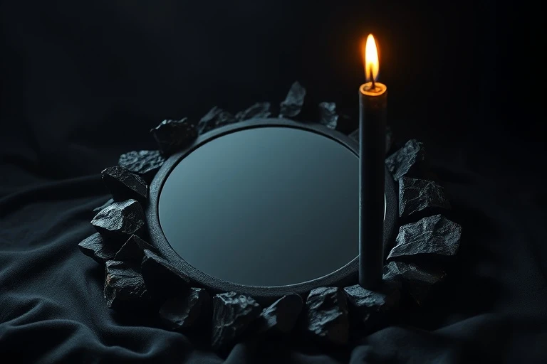 Espejo oscuro rodeado de obsidiana y una vela negra, simbolizando la introspección y la verdad oculta de la sombra.