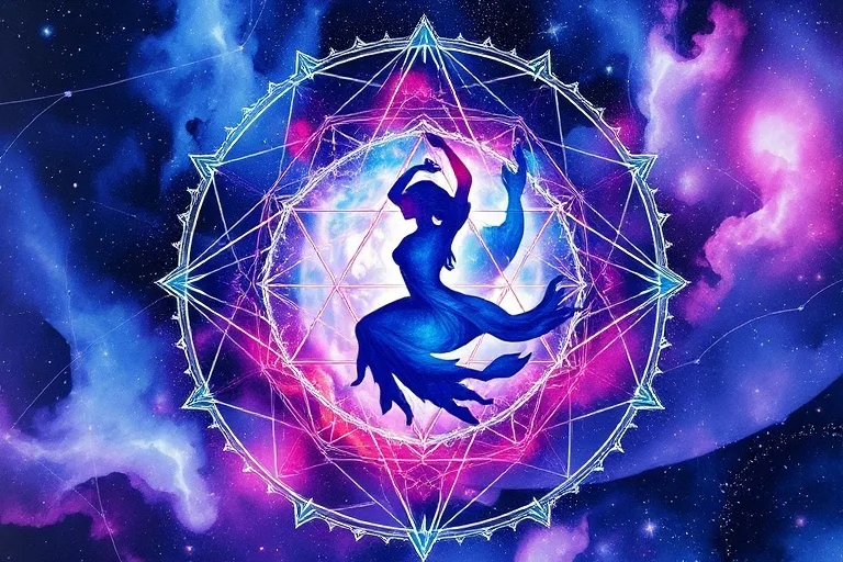 Vortex de acuarela en tonos índigo y violeta con siluetas femeninas abstractas, simbolizando la conexión con el poder femenino y la transformación espiritual.