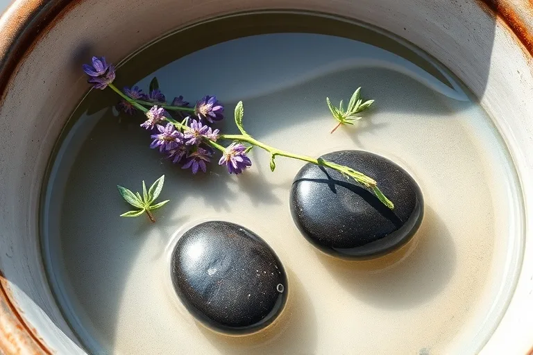 Pintura de acuarela de lavanda y romero flotando en un cuenco de agua con una piedra de río, simbolizando la limpieza y la conexión a tierra.
