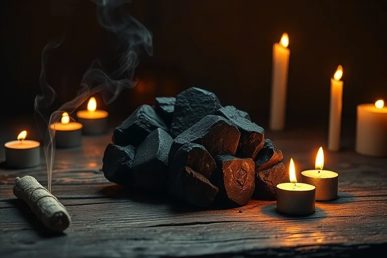 Bodegón cinematográfico de piedras de turmalina negra sobre un altar de madera, con salvia y velas, evocando un ambiente de protección y misticismo.