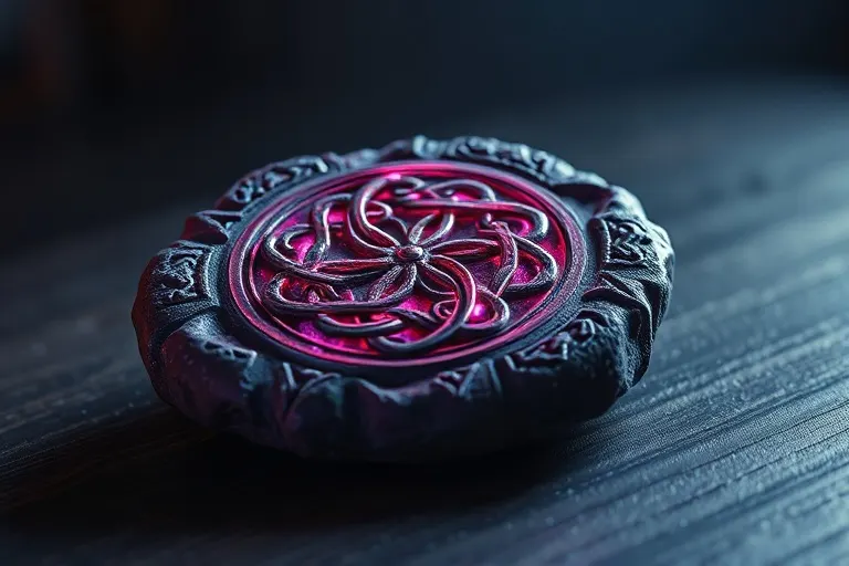 Talismán de piedra con símbolos rúnicos y nudos celtas, sobre una superficie de madera oscura, iluminado por un resplandor místico