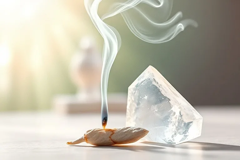 Pintura de acuarela de un sahumerio de salvia blanca humeante con un cristal de cuarzo transparente, en un ambiente pacífico