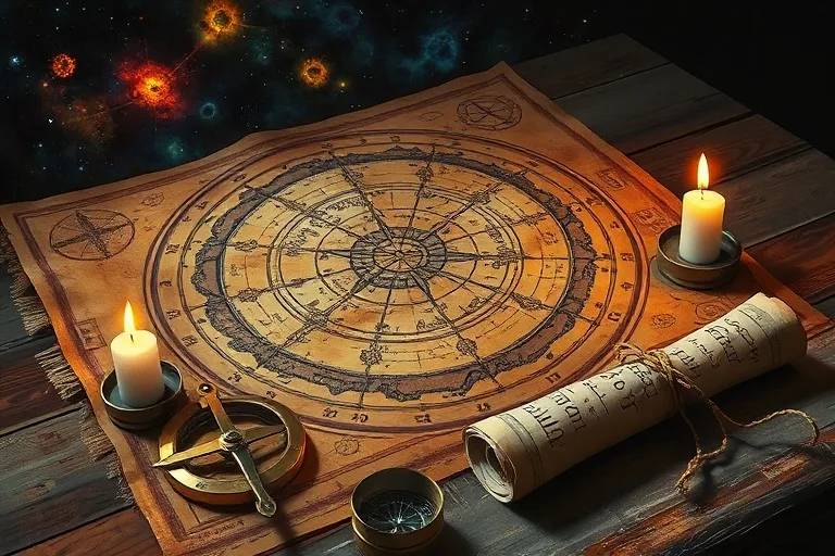 Pintura al óleo de un antiguo mapa estelar desplegado sobre una mesa de madera rústica, con una brújula de latón y un pergamino con símbolos astrológicos, luz tenue de una vela, sin personas.