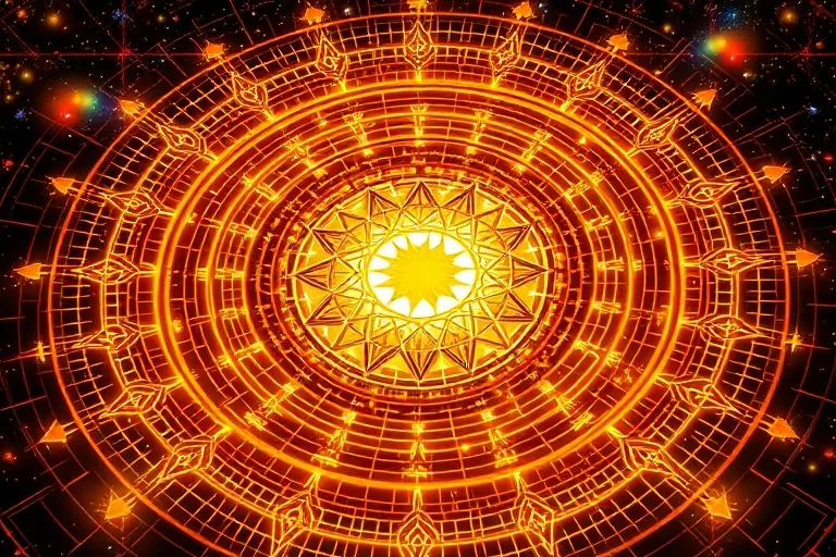 Arte conceptual de un laberinto dorado con caminos iluminados que convergen en un punto central brillante, simbolizando la búsqueda de la felicidad y el destino, sin figuras humanas.