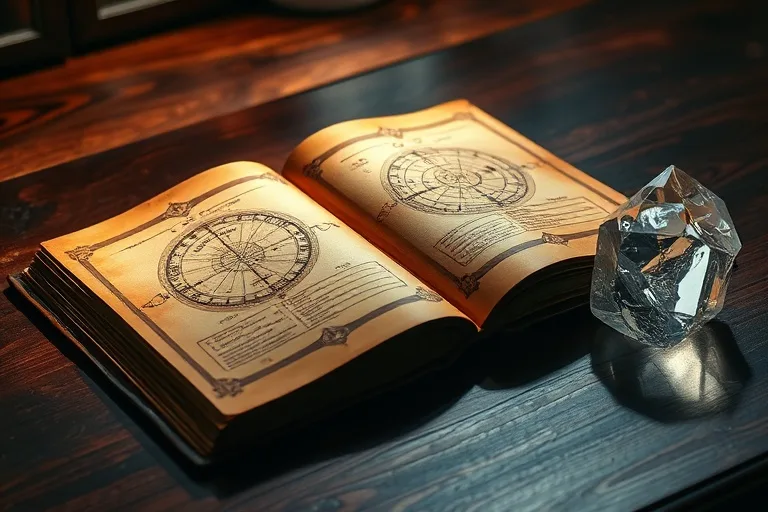 Diario antiguo abierto con símbolos esotéricos y cartas astronómicas, iluminado por un cristal, sobre un escritorio de madera pulida.