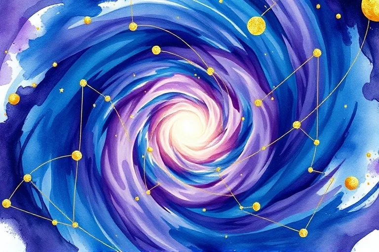 Pintura abstracta en acuarela con patrones arremolinados de azules profundos, morados y dorados, formando un vórtice que sugiere ciclos kármicos y evolución espiritual.