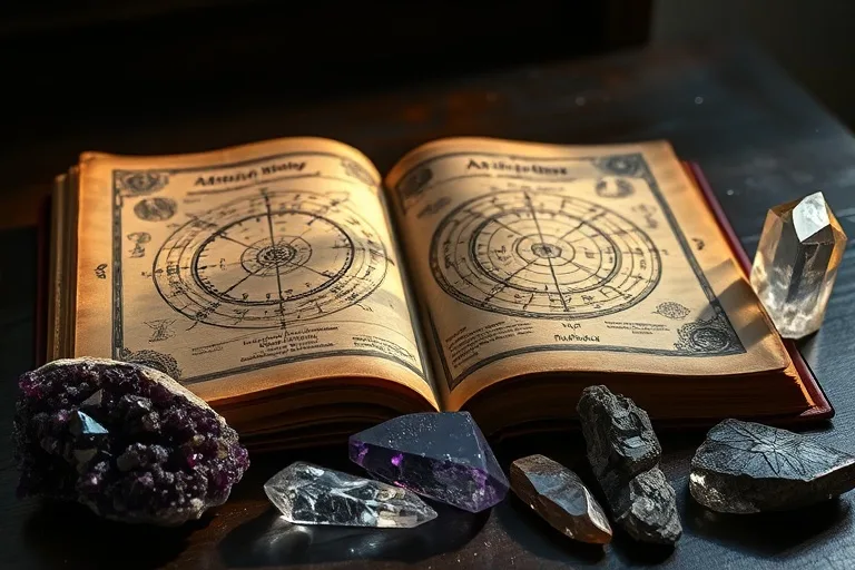 Libro antiguo de astrología con cristales