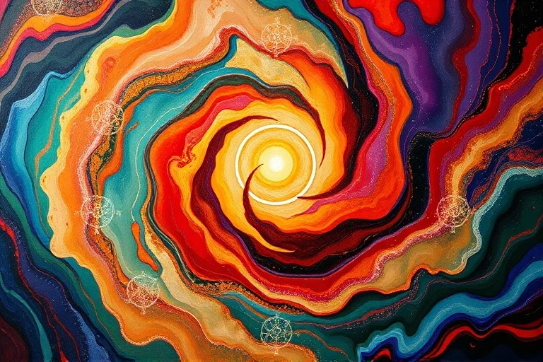 Pintura al óleo abstracta con colores arremolinados que representan los aspectos físico, mental, emocional y espiritual, convergiendo en un punto central brillante, rodeado de patrones geométricos sutiles.
