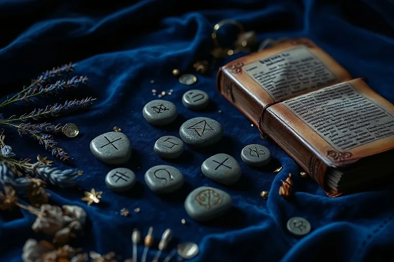 Fotografía de bodegón de runas de piedra pulidas sobre un paño de terciopelo, con hierbas secas y un libro antiguo, bajo la luz de la luna.
