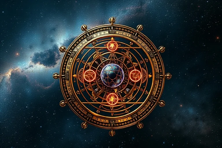 Arte conceptual de una esfera celestial con mecanismos de relojería intrincados y símbolos planetarios luminosos, sobre un fondo estrellado.