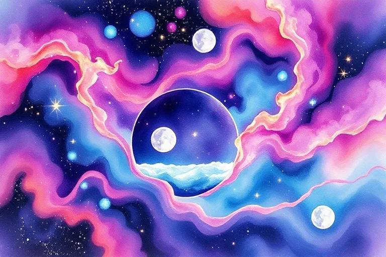 Pintura acuarela abstracta de energía cósmica fluyendo hacia la tierra, con símbolos rúnicos sutiles.