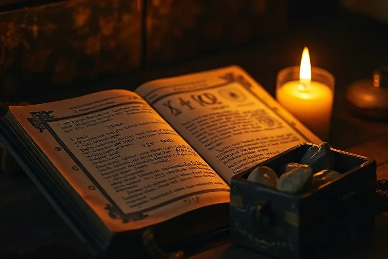 Naturaleza muerta cinematográfica de un libro de cuero abierto con inscripciones rúnicas intrincadas en pergamino envejecido, junto a una pequeña caja de madera desgastada que contiene piedras rúnicas pulidas, iluminado por una vela parpadeante en un ambiente oscuro y atmosférico, con texturas ricas.