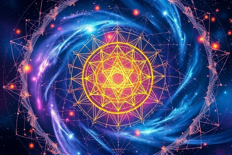 Arte conceptual abstracto de un vórtice de energía cósmica que forma patrones rúnicos sutiles, representando el flujo del destino y la sabiduría interna, renderizado con líneas brillantes y colores del espacio profundo, composición dinámica.